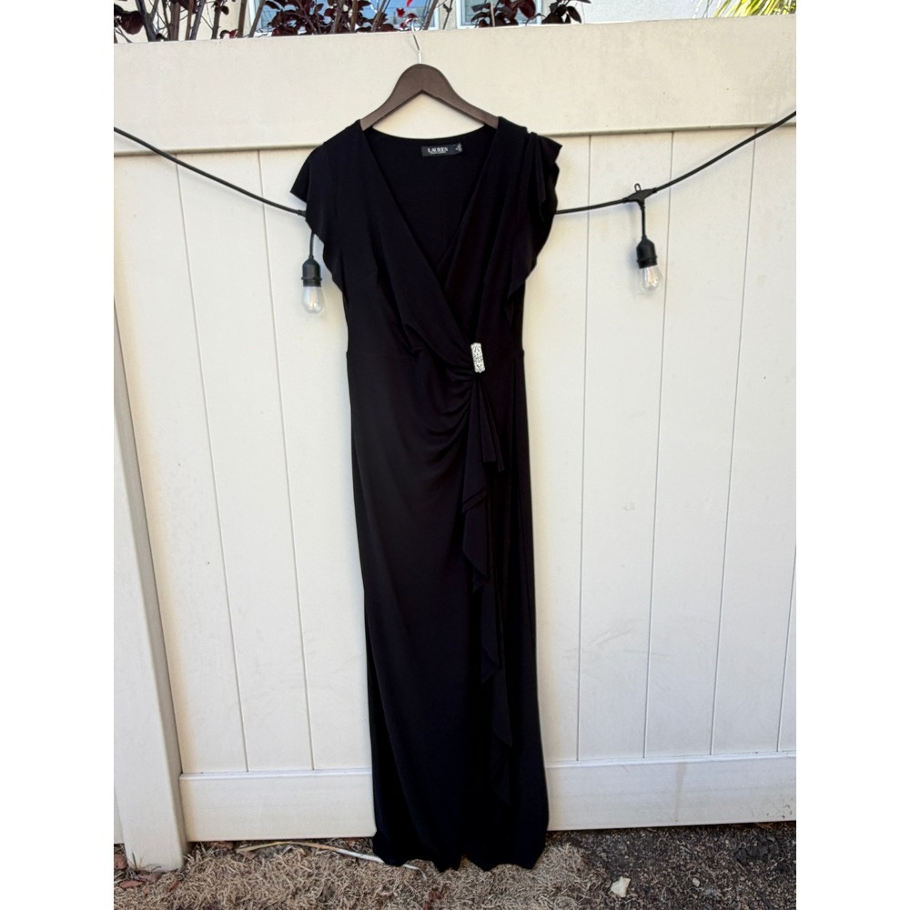 Lauren Ralph Lauren Black Rhinestone Brooch Ruched Maxi Gown Dress Womens 8